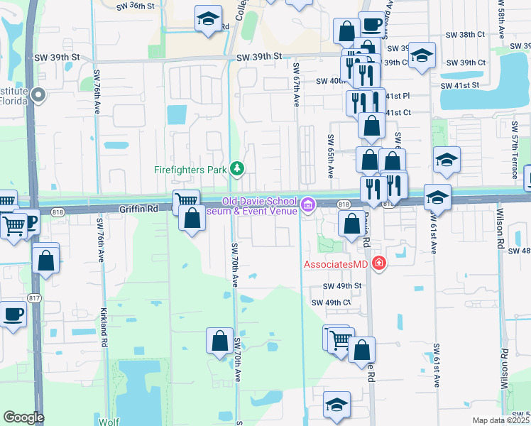 map of restaurants, bars, coffee shops, grocery stores, and more near 6849 Lakeside Circle North in Davie