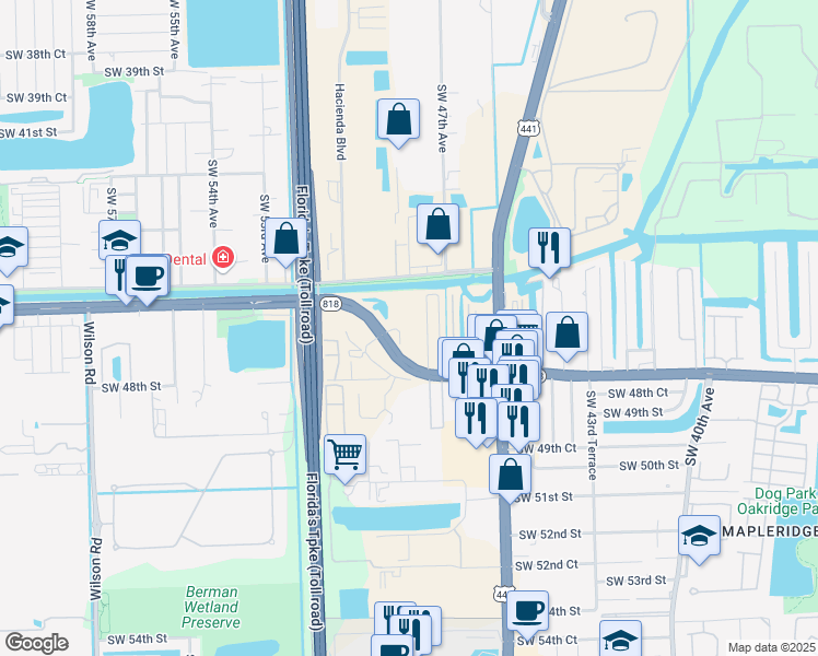 map of restaurants, bars, coffee shops, grocery stores, and more near 4661 Southwest 48th Avenue in Davie