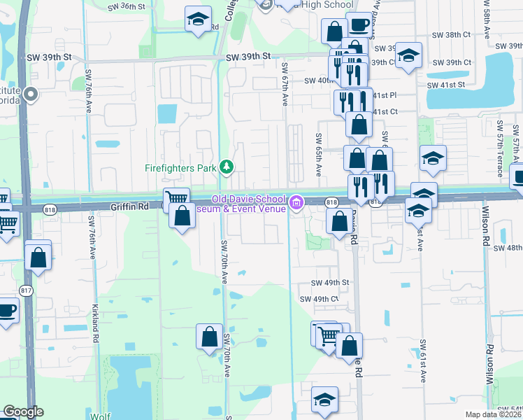 map of restaurants, bars, coffee shops, grocery stores, and more near 4671 Village Way in Davie