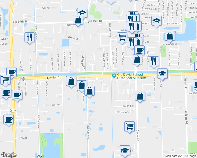 map of restaurants, bars, coffee shops, grocery stores, and more near 4671 Village Way in Davie