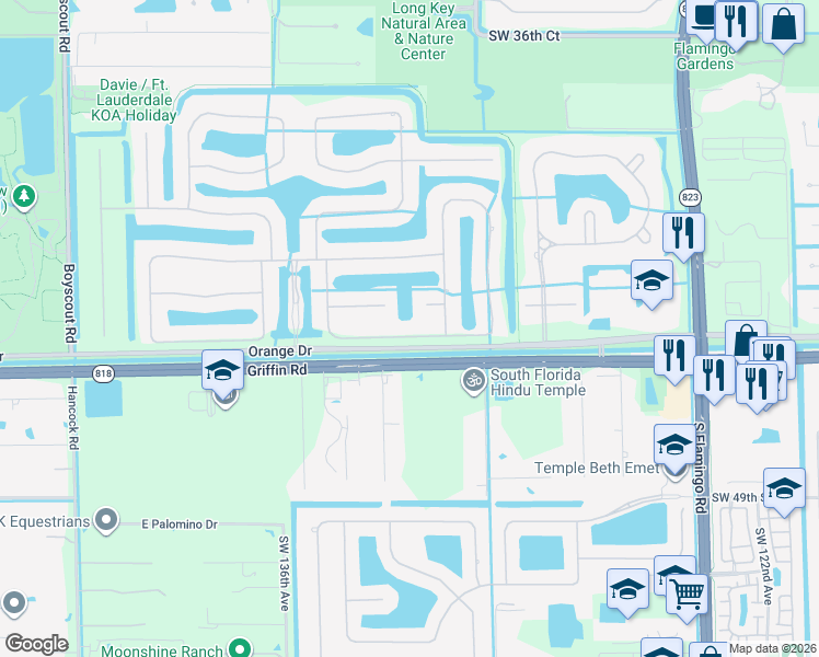 map of restaurants, bars, coffee shops, grocery stores, and more near 13185 Southwest 44th Street in Davie