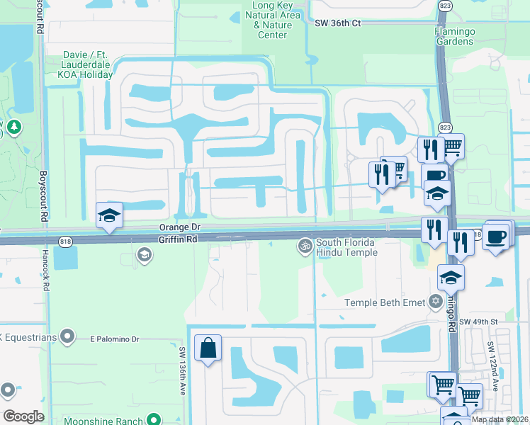 map of restaurants, bars, coffee shops, grocery stores, and more near 13185 Southwest 44th Street in Davie