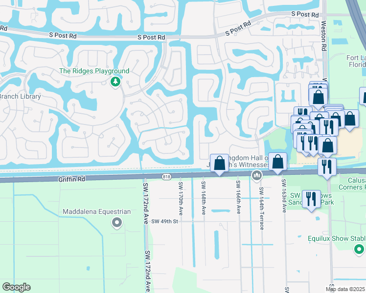 map of restaurants, bars, coffee shops, grocery stores, and more near 4451 Dogwood Circle in Weston