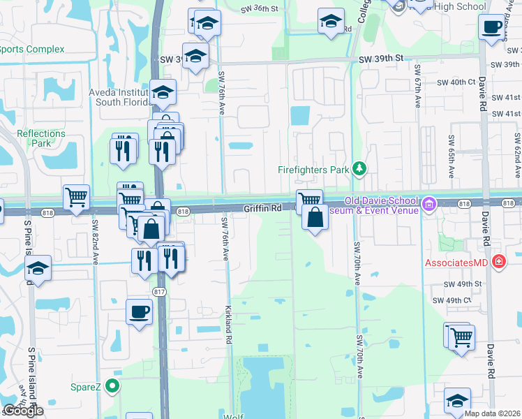 map of restaurants, bars, coffee shops, grocery stores, and more near 7370 Griffin Road in Davie