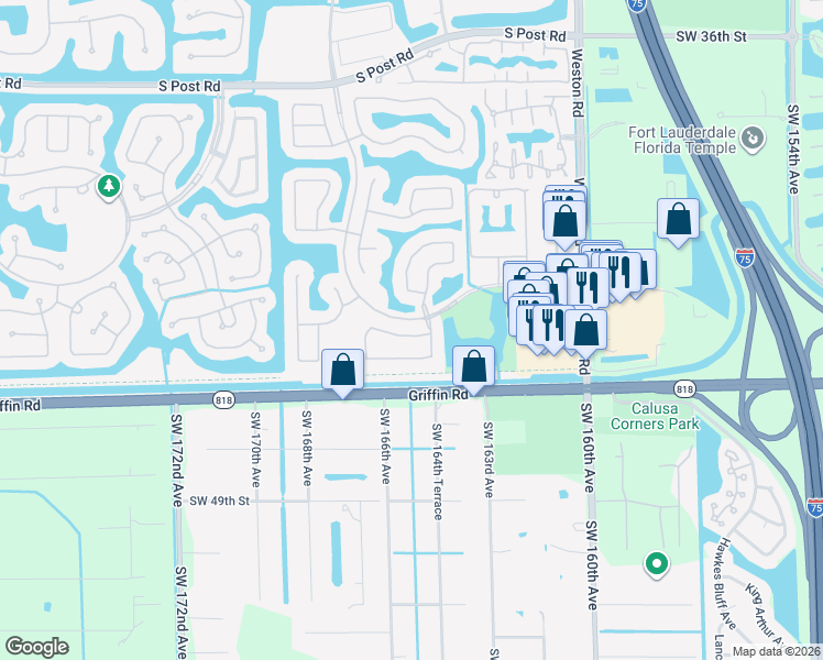 map of restaurants, bars, coffee shops, grocery stores, and more near 16401 Diamond Place in Weston