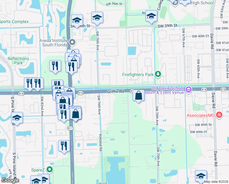map of restaurants, bars, coffee shops, grocery stores, and more near 7370 Griffin Road in Davie