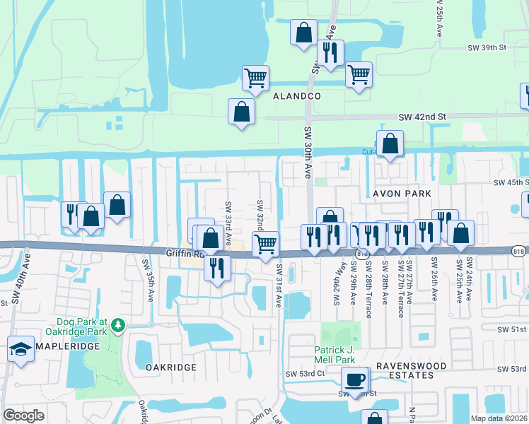 map of restaurants, bars, coffee shops, grocery stores, and more near 4648 Southwest 32nd Avenue in Fort Lauderdale