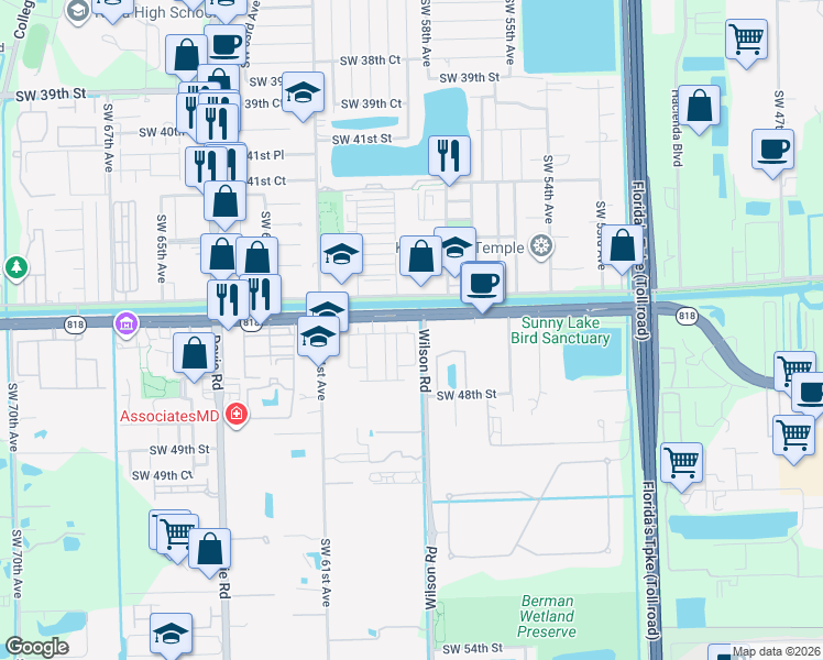 map of restaurants, bars, coffee shops, grocery stores, and more near 4622 Belgian Lane in Davie