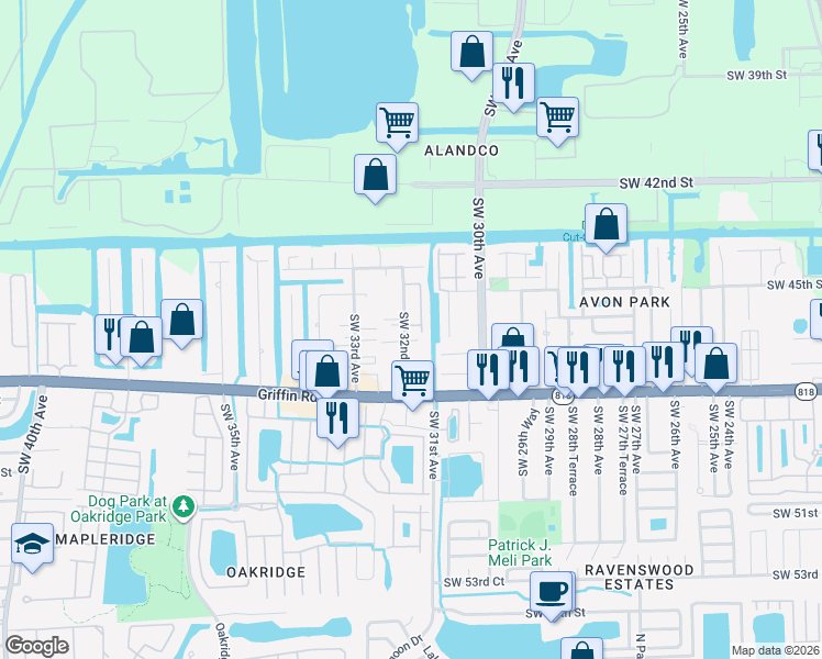 map of restaurants, bars, coffee shops, grocery stores, and more near 4648 Southwest 32nd Avenue in Fort Lauderdale