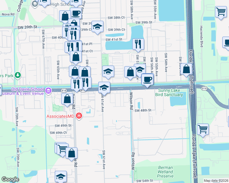 map of restaurants, bars, coffee shops, grocery stores, and more near 5951 Southwest 45th Street in Davie
