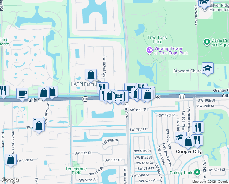 map of restaurants, bars, coffee shops, grocery stores, and more near 10051 Orange Drive in Davie