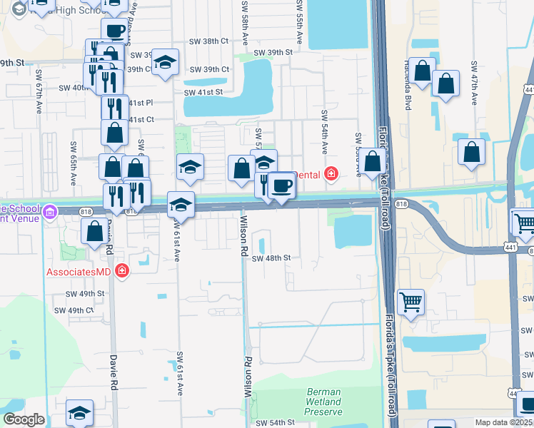 map of restaurants, bars, coffee shops, grocery stores, and more near 5700 Griffin Road in Davie