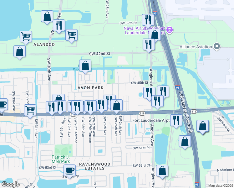 map of restaurants, bars, coffee shops, grocery stores, and more near 4549 Southwest 24th Avenue in Fort Lauderdale