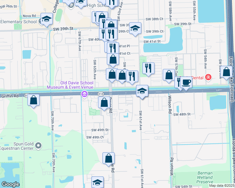 map of restaurants, bars, coffee shops, grocery stores, and more near 6200 Orange Drive in Davie