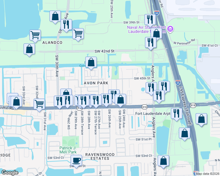 map of restaurants, bars, coffee shops, grocery stores, and more near 4531 Southwest 25th Terrace in Fort Lauderdale
