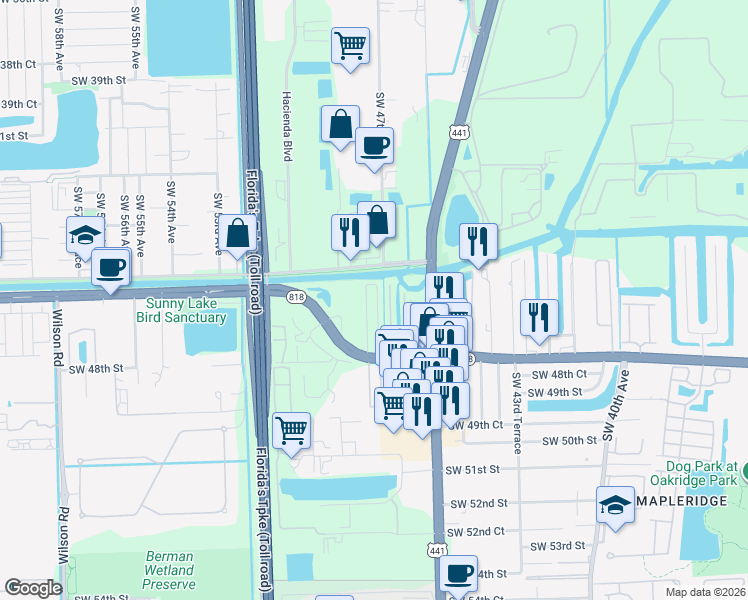 map of restaurants, bars, coffee shops, grocery stores, and more near 4511 Southwest 48th Avenue in Davie