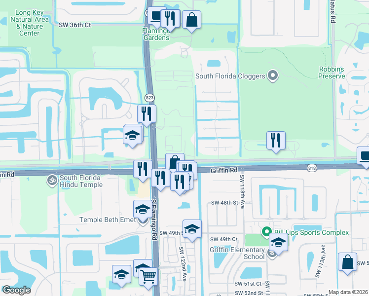map of restaurants, bars, coffee shops, grocery stores, and more near 12067-12297 Southwest 45th Street in Davie