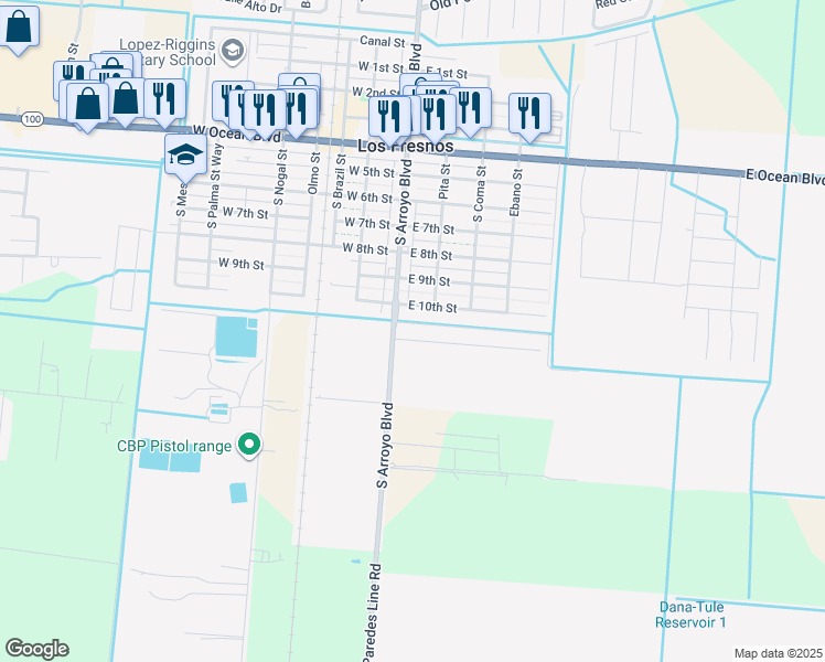 map of restaurants, bars, coffee shops, grocery stores, and more near 105 Alvarez Court in Los Fresnos