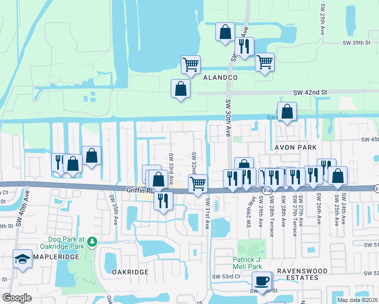 map of restaurants, bars, coffee shops, grocery stores, and more near 4430 Southwest 32nd Avenue in Fort Lauderdale