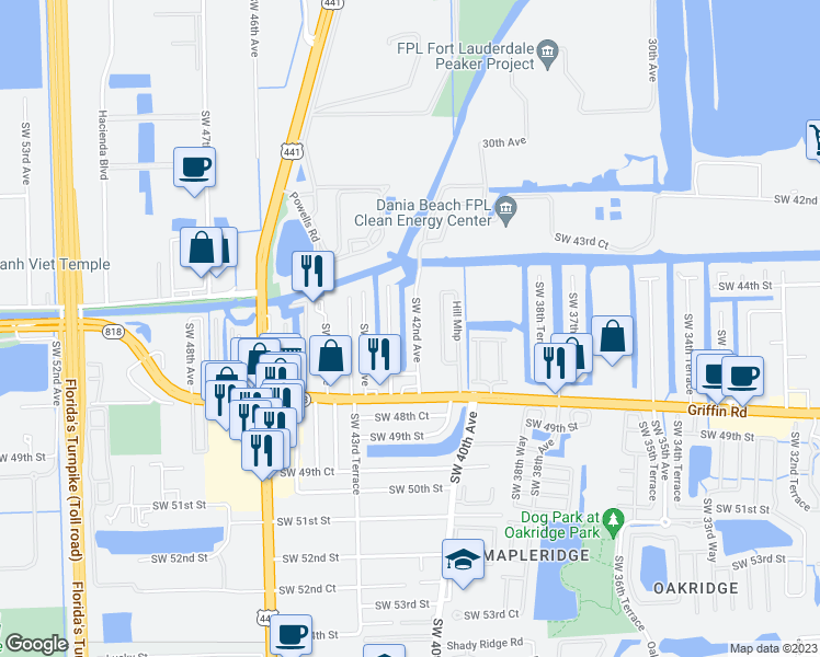 map of restaurants, bars, coffee shops, grocery stores, and more near 4611 Southwest 42nd Avenue in Fort Lauderdale