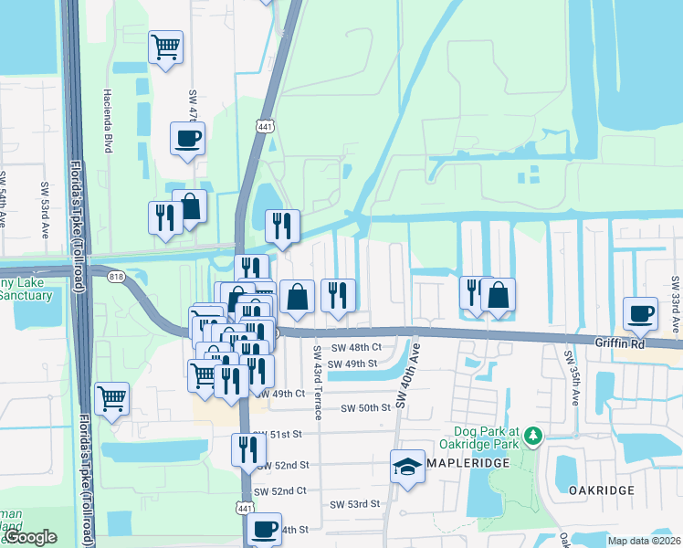 map of restaurants, bars, coffee shops, grocery stores, and more near 4611 Southwest 42nd Terrace in Fort Lauderdale