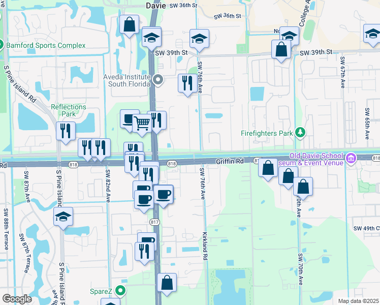 map of restaurants, bars, coffee shops, grocery stores, and more near 5240 Southwest 77th Avenue in Davie