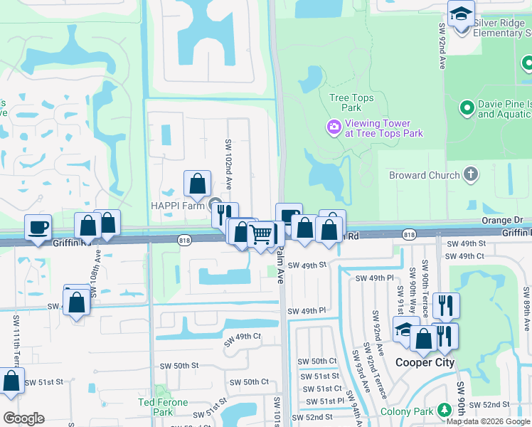 map of restaurants, bars, coffee shops, grocery stores, and more near 10051 Orange Drive in Davie