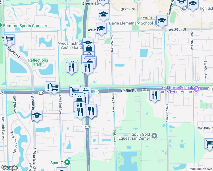 map of restaurants, bars, coffee shops, grocery stores, and more near 5240 Southwest 77th Avenue in Davie