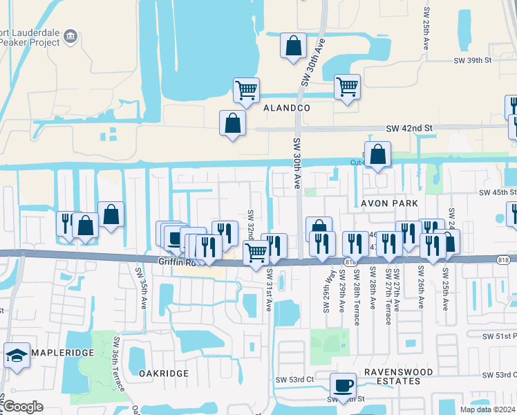 map of restaurants, bars, coffee shops, grocery stores, and more near 4430 Southwest 32nd Avenue in Fort Lauderdale