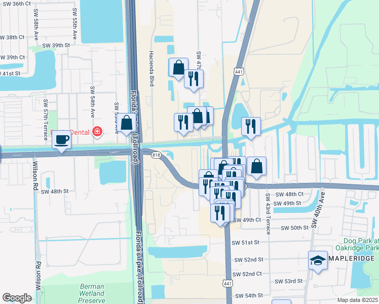 map of restaurants, bars, coffee shops, grocery stores, and more near 4511 Southwest 48th Avenue in Davie