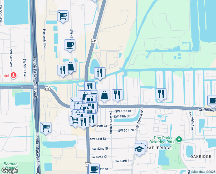 map of restaurants, bars, coffee shops, grocery stores, and more near 4681 Southwest 43rd Terrace in Fort Lauderdale