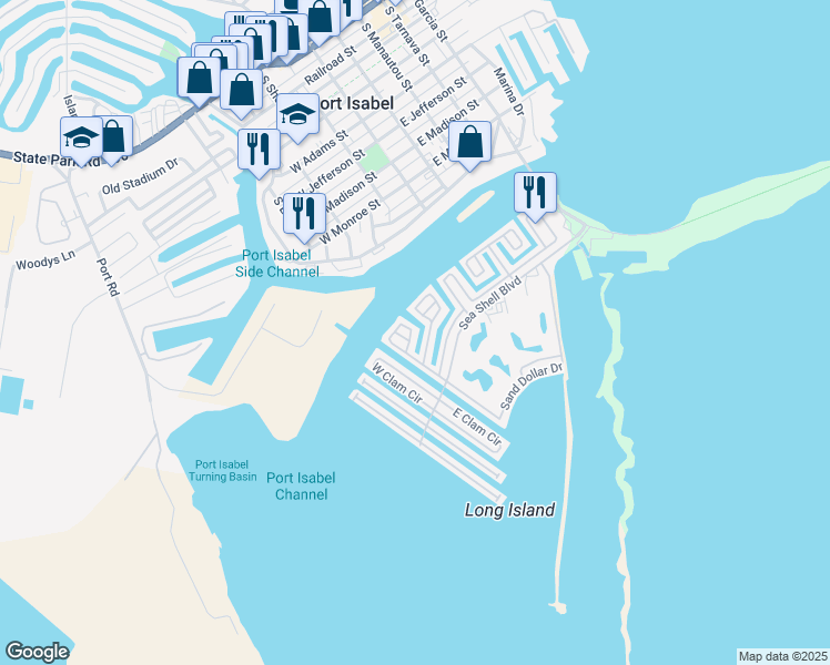 map of restaurants, bars, coffee shops, grocery stores, and more near 342 Sand Dollar Drive in Port Isabel