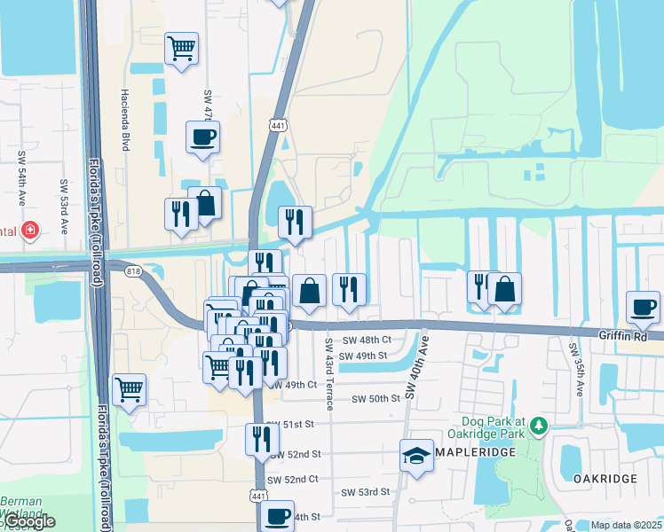 map of restaurants, bars, coffee shops, grocery stores, and more near 4571 Southwest 43rd Avenue in Fort Lauderdale