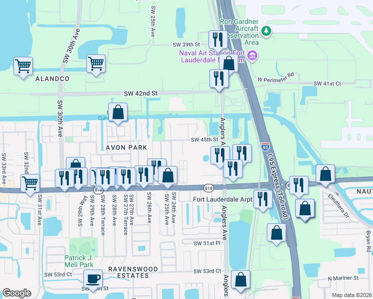 map of restaurants, bars, coffee shops, grocery stores, and more near 4530 Southwest 23rd Terrace in Fort Lauderdale