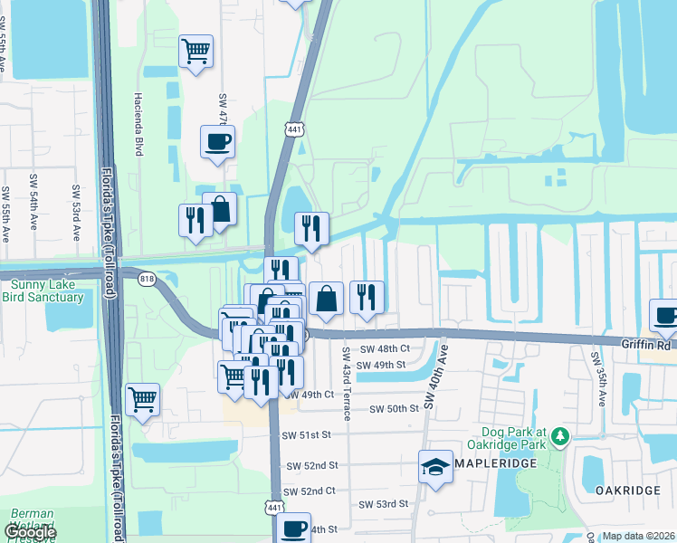 map of restaurants, bars, coffee shops, grocery stores, and more near 4681 Southwest 43rd Terrace in Fort Lauderdale
