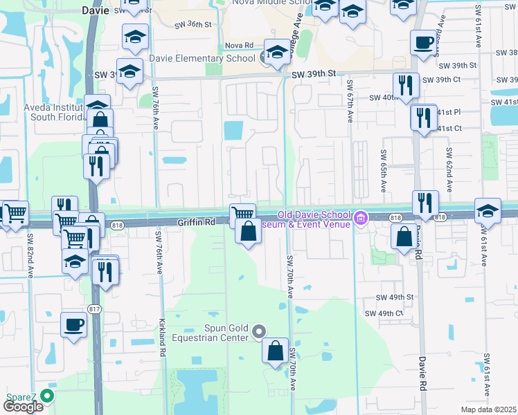 map of restaurants, bars, coffee shops, grocery stores, and more near 7206 Southwest 44th Court in Davie