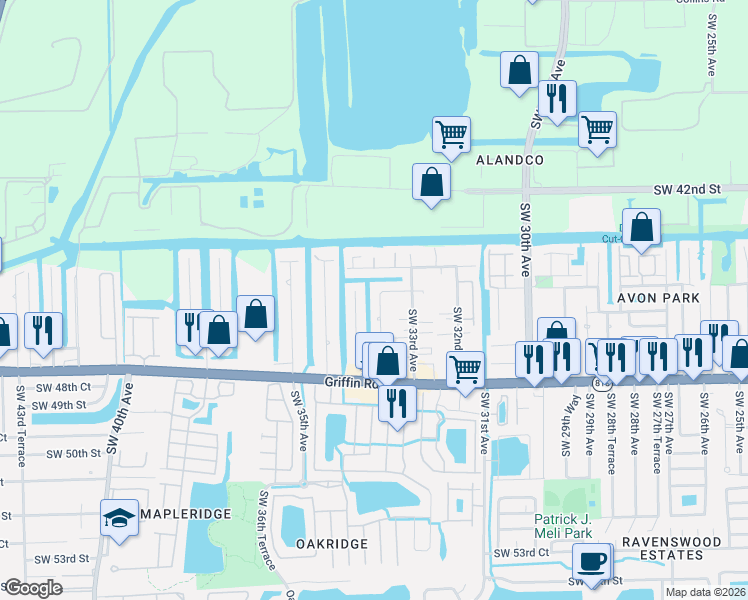 map of restaurants, bars, coffee shops, grocery stores, and more near 4470 Southwest 34th Avenue in Fort Lauderdale