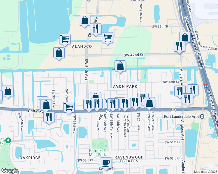 map of restaurants, bars, coffee shops, grocery stores, and more near 4540 Southwest 28th Terrace in Fort Lauderdale