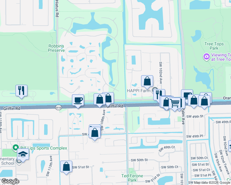 map of restaurants, bars, coffee shops, grocery stores, and more near 4430 Southwest 107th Way in Davie