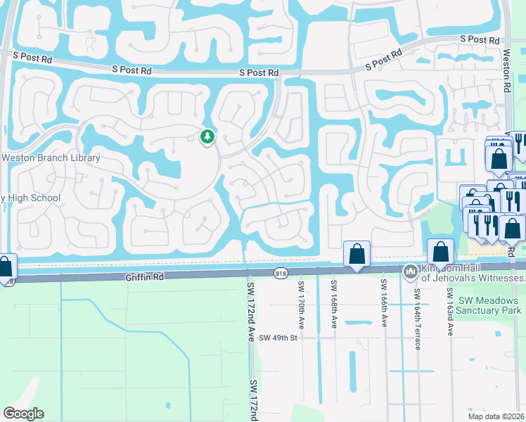 map of restaurants, bars, coffee shops, grocery stores, and more near 4164 Pine Ridge Lane in Weston