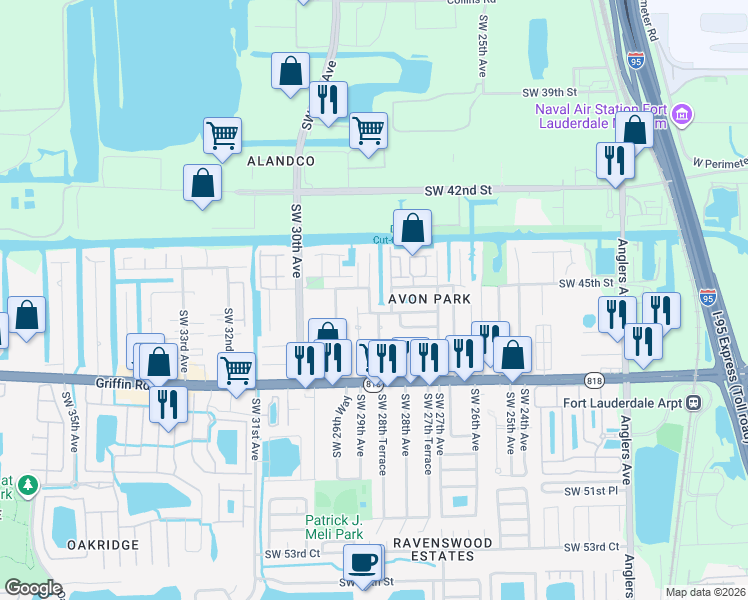 map of restaurants, bars, coffee shops, grocery stores, and more near 4540 Southwest 28th Terrace in Fort Lauderdale