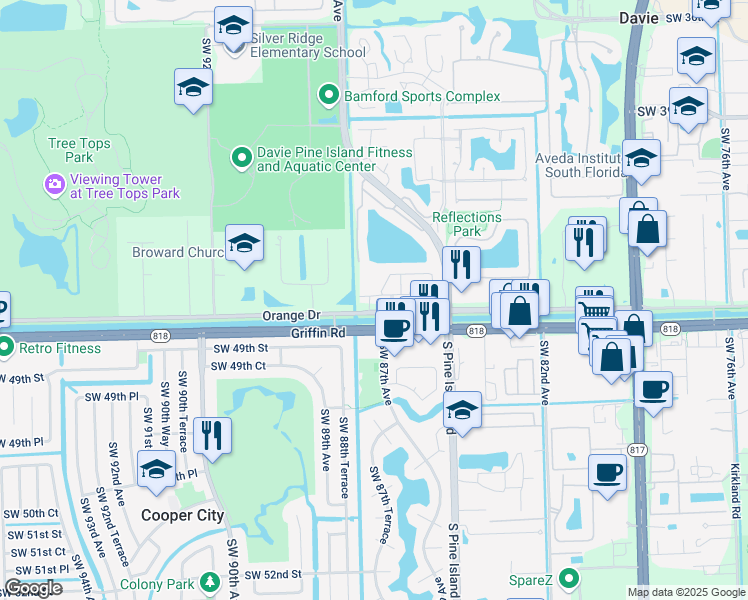 map of restaurants, bars, coffee shops, grocery stores, and more near 8718 Blaze Court in Cooper City