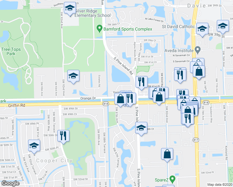 map of restaurants, bars, coffee shops, grocery stores, and more near 8718 Blaze Court in Cooper City