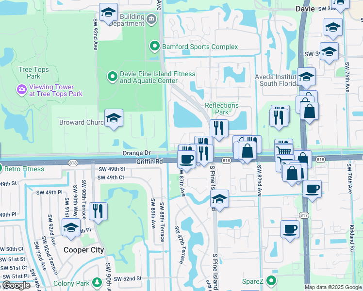 map of restaurants, bars, coffee shops, grocery stores, and more near 8718 Blaze Court in Cooper City
