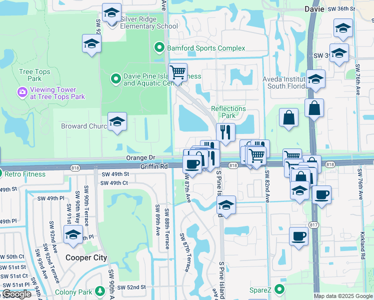 map of restaurants, bars, coffee shops, grocery stores, and more near 8718 Blaze Court in Cooper City