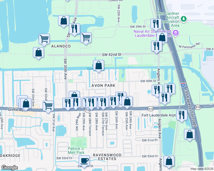 map of restaurants, bars, coffee shops, grocery stores, and more near 4540 Southwest 27th Avenue in Fort Lauderdale