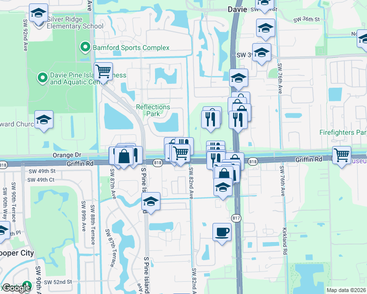 map of restaurants, bars, coffee shops, grocery stores, and more near 8300 Southwest 44th Court in Davie