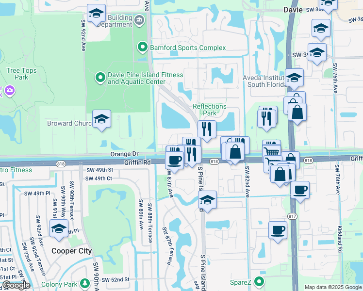 map of restaurants, bars, coffee shops, grocery stores, and more near 8660 Blaze Court in Cooper City