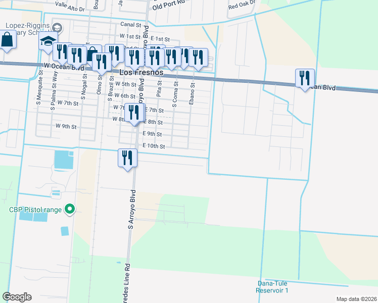 map of restaurants, bars, coffee shops, grocery stores, and more near 310 East 10th Street in Los Fresnos
