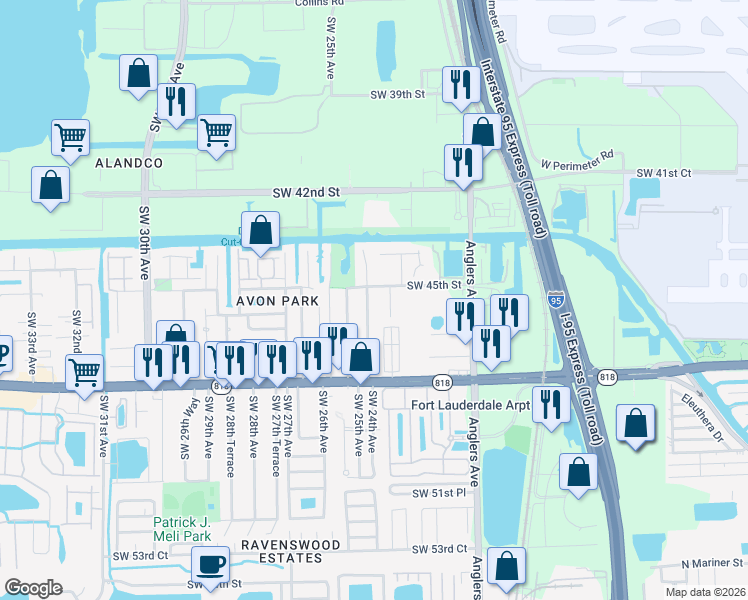 map of restaurants, bars, coffee shops, grocery stores, and more near 4549 Southwest 24th Avenue in Fort Lauderdale